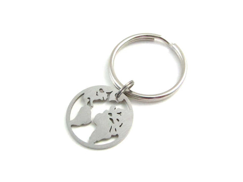stainless steel world earth map charm on a keyring
