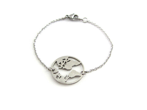 world globe earth map charm on a stainless steel chain