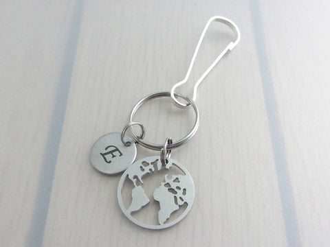 stainless steel laser engraved capital initial letter disc charm and world earth map charm on a bag charm with snap clip hook